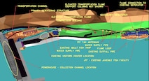 Lower Granite Juvenile Bypass System Upgrade design illustration. Overhead view shows Lower Granite Dam at left, new elevated transportation flume in upper middle, and existing Juvenile Fish Facility at right. The new elevated flume will lead fish to the downstream Juvenile Fish Facility. US Army Corps of Engineers illustration.