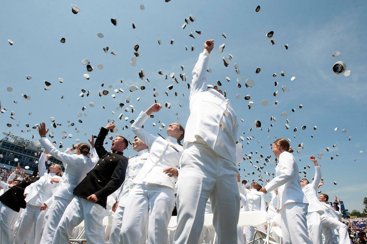 Newly commissioned officers in the Navy and Marine Corps celebrate after their graduation and commissioning at the U.S. Naval Academy in Annapolis, Md., May 27, 2016. Navy photo