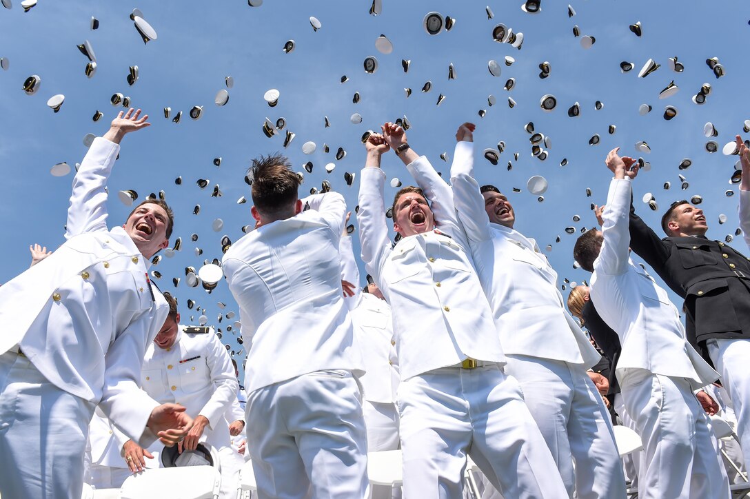 Graduates of the U.S. Naval Academy toss their hats after their commencement ceremony in Annapolis, Md., May 27, 2016. Defense Secretary Ash Carter provided remarks during the event. DoD photo by Army Sgt. 1st Class Clydell Kinchen