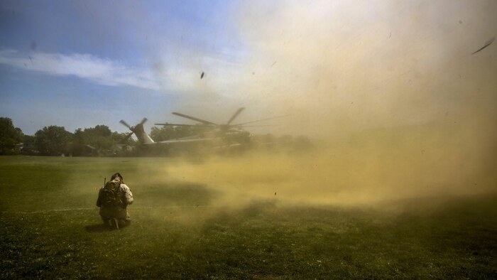 A CH-53 Super Stallion with the 24th Marine Expeditionary Unit demonstrates a landing at Massapequa High School in Long Island, New York, May 26, 2016. The Marines are visiting the city to interact with the public, demonstrate capabilities and teach the people of New York about America's sea services.