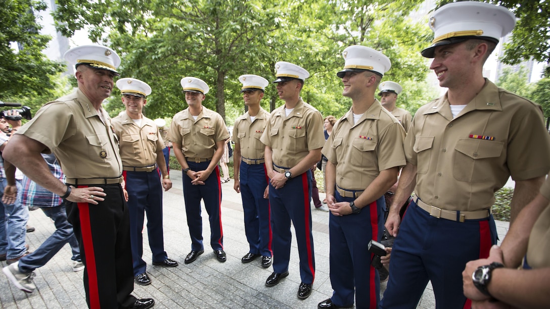 Lieutenant Gen. John Wissler, commanding general, Marine Forces Command, speaks to a group of newly-promoted first lieutenants after a joint promotion and re-enlistment ceremony at the 9/11 Memorial in New York City during Fleet Week, May 27, 2016. U.S. Marines and sailors are in New York to interact with the public, demonstrate capabilities and teach the people of New York about America's sea services. 