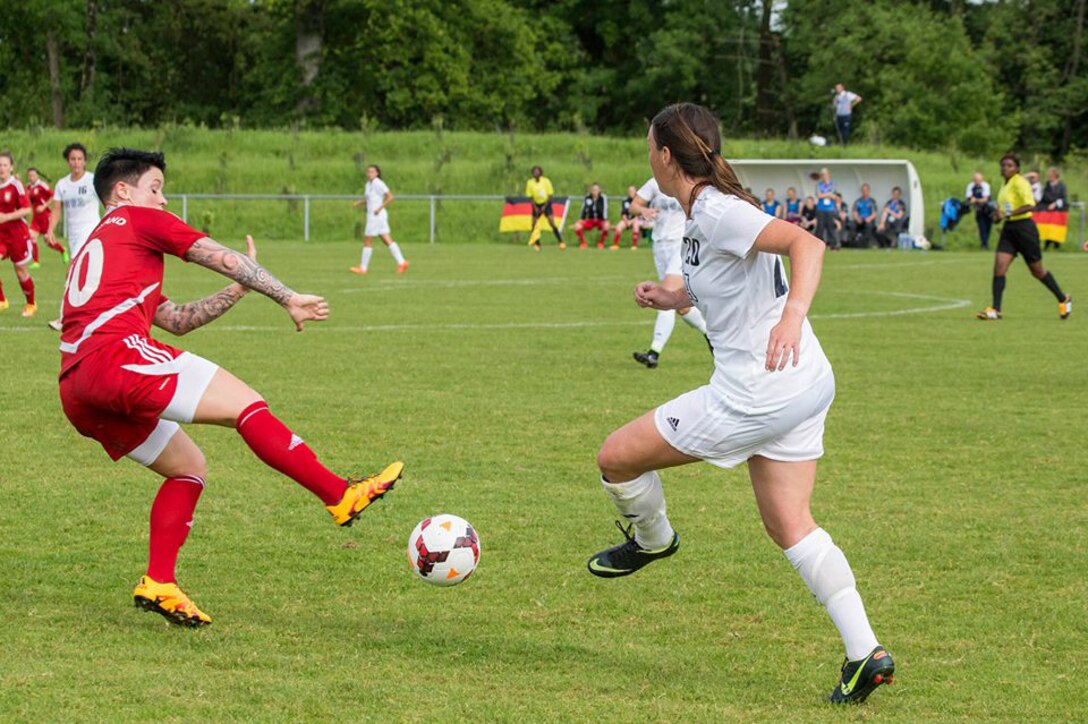 Team USA faces Germany in their opening match of the 2016 Conseil International du Sport Militaire (CISM) World Women's Football Cup in Rennes, France 24 May to 6 June.  