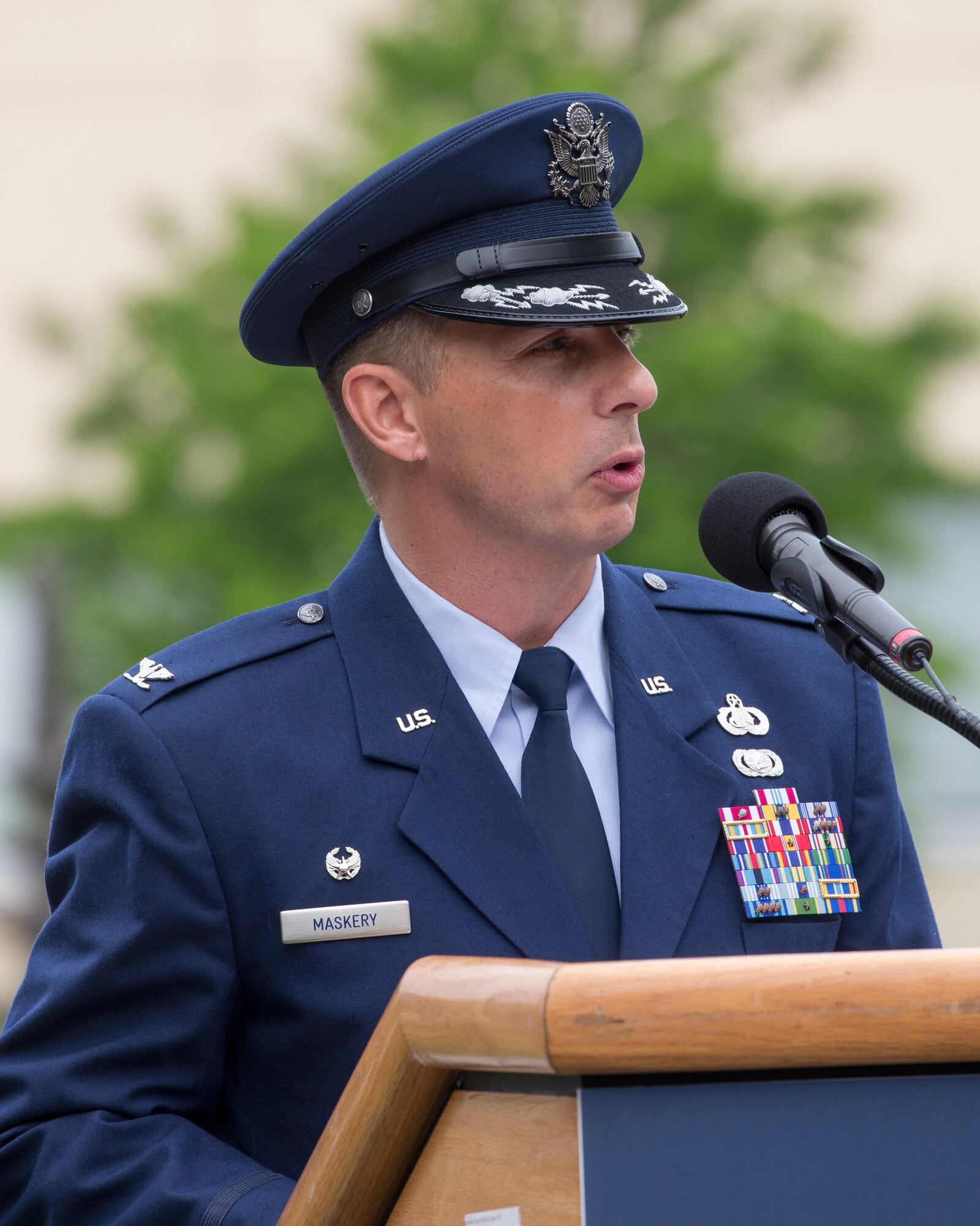 Col. Scott Maskery, 374th Mission Support Group commander, gives a speech during the Memorial Day Ceremony at Yokota Air Base, Japan, May 27, 2016. The 374th Airlift Wing held the ceremony in memory of those who have given the ultimate sacrifice while in military service. (U.S. Air Force photo by Yasuo Osakabe/Released)
