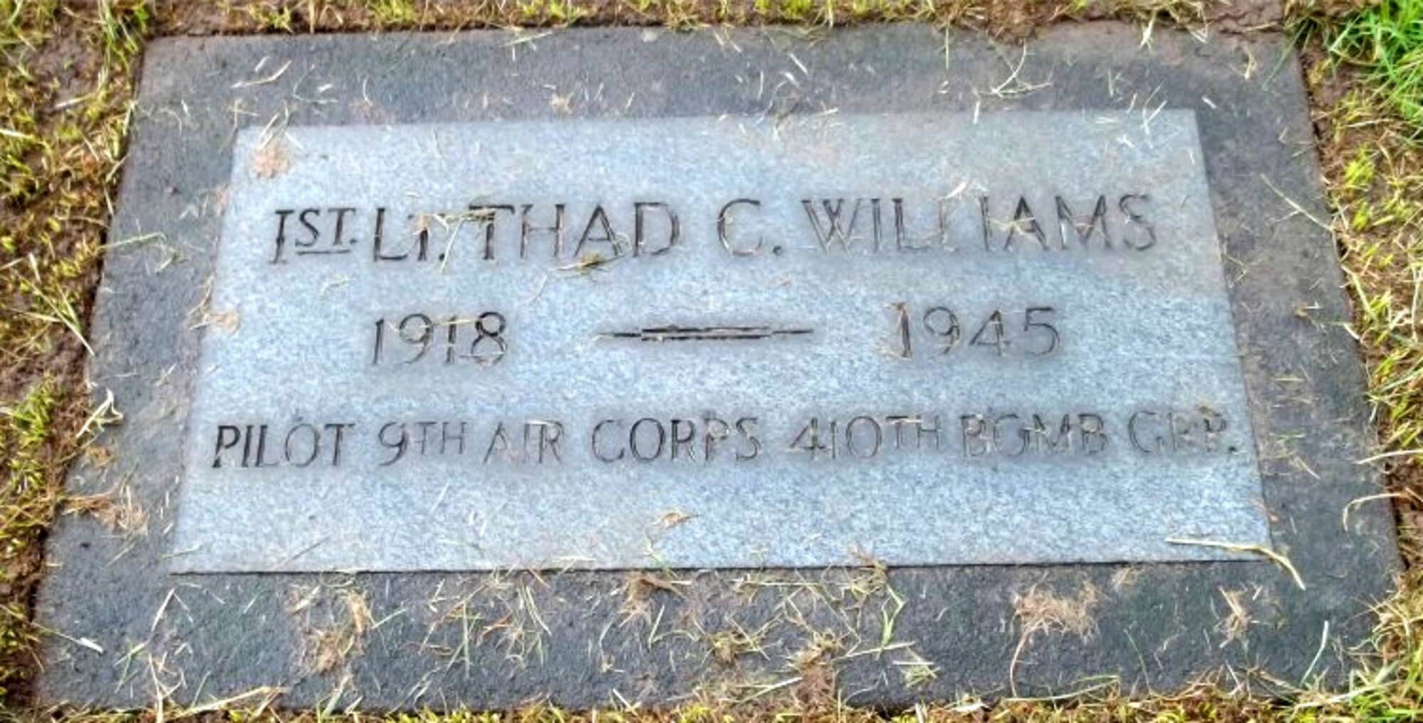 Thad C. Williams, a charter member of Oregon’s 123rd Observation Squadron, became a pilot during World War II and was killed in action in Europe in March, 1945.  He is buried at the Riverview Cemetery, in Portland, Oregon.  (Courtesy Mr. James Burke)