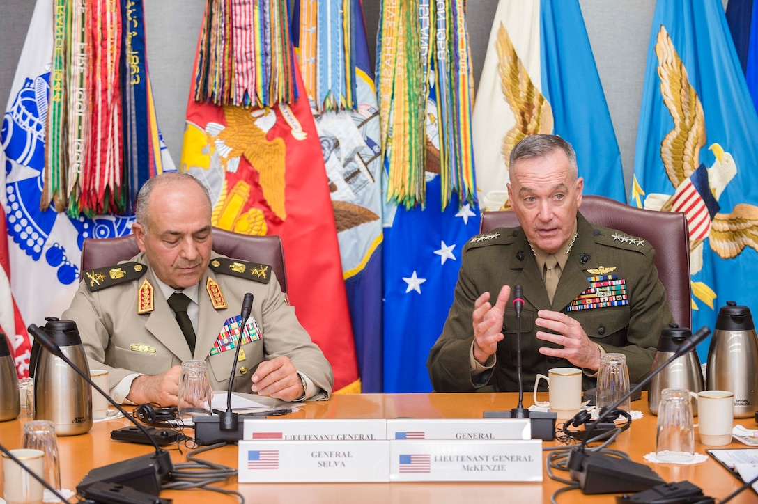 Marine Corps Gen. Joe Dunford, right, chairman of the Joint Chiefs of Staff, and Lt. Gen. Mahmoud Hegazy, chief of staff of Egypt's armed forces, participate in official military discussions at the Pentagon, May 26, 2016. DoD photo by Army Staff Sgt. Sean K. Harp