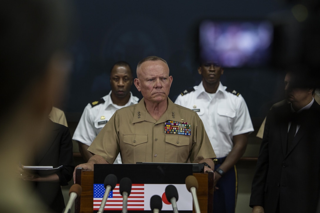 Lt. Gen. Lawrence D. Nicholson announces a 30-day period of unity and mourning for all U.S. military and Status of Forces Agreement personnel on Okinawa, at a press conference on Camp Foster, Okinawa, Japan, May 28, 2016. Out of respect for the people of Okinawa, Nicholson chose to demonstrate the solidarity of the U.S. service members here and the people of Okinawa by honoring the recent loss of an Okinawan female. The period of unity and mourning was directed to all U.S. military, and Nicholson also highly encouraged all SOFA-status members to partake, as this period will serve as a time to reflect on personal conduct, to consider their roles as ambassadors to Japan, and demonstrate the deepest sympathies for the victim and her family. Nicholson, from Toronto, Canada, is the Okinawa Area Coordinator and commanding general for III Marine Expeditionary Force. (U.S. Marine Corps photo by GySgt Jeremy Vought/Released)