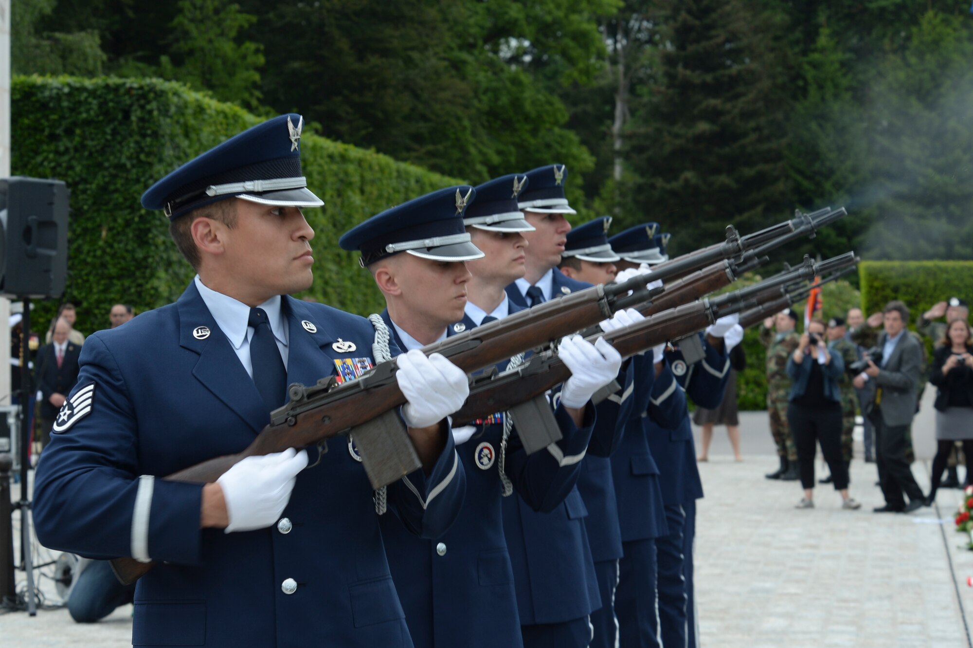 A U.S. Air Force Honor Guard detail from Spangdahlem Air Base, Germany, conducts a ceremonial volley as part of a Memorial Day ceremony at the Luxembourg American Cemetery and Memorial in Luxembourg, May 28, 2016. The base's Airmen also served as a ceremonial flight in service dress, caretakers of the cemetery's Luxembourg and U.S. flags, and escorts for guests to lay wreaths. (U.S. Air Force photo by Staff Sgt. Joe W. McFadden/Released)  