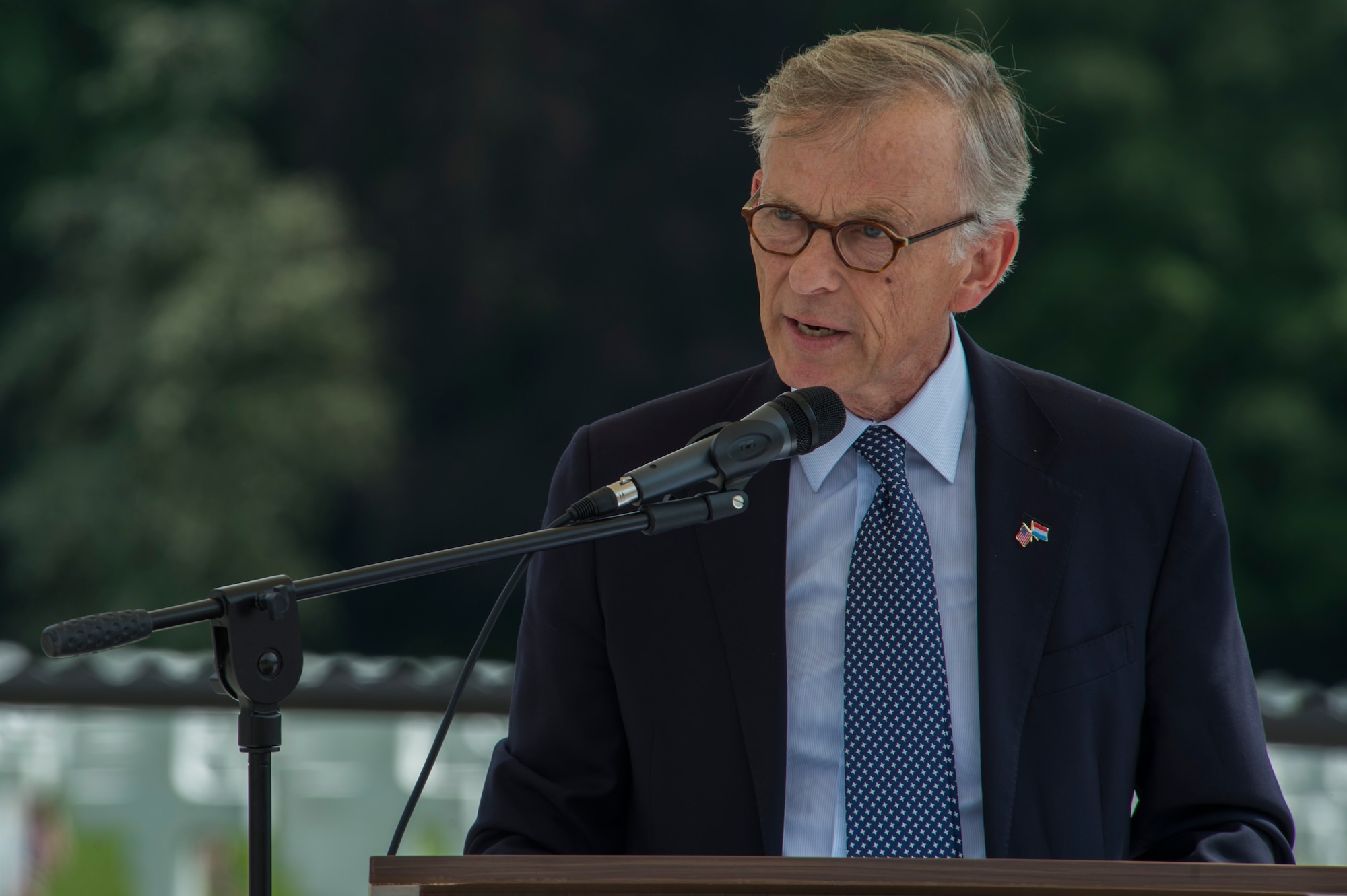 David McKean, U.S. ambassador to Luxembourg, speaks during a Memorial Day ceremony at the Luxembourg American Cemetery and Memorial in Luxembourg, May 28, 2016. The first official Memorial Day observance occurred at Arlington National Cemetery May 30, 1868, to honor and decorate the graves of those who died during the Civil War. (U.S. Air Force photo by Staff Sgt. Joe W. McFadden/Released)  