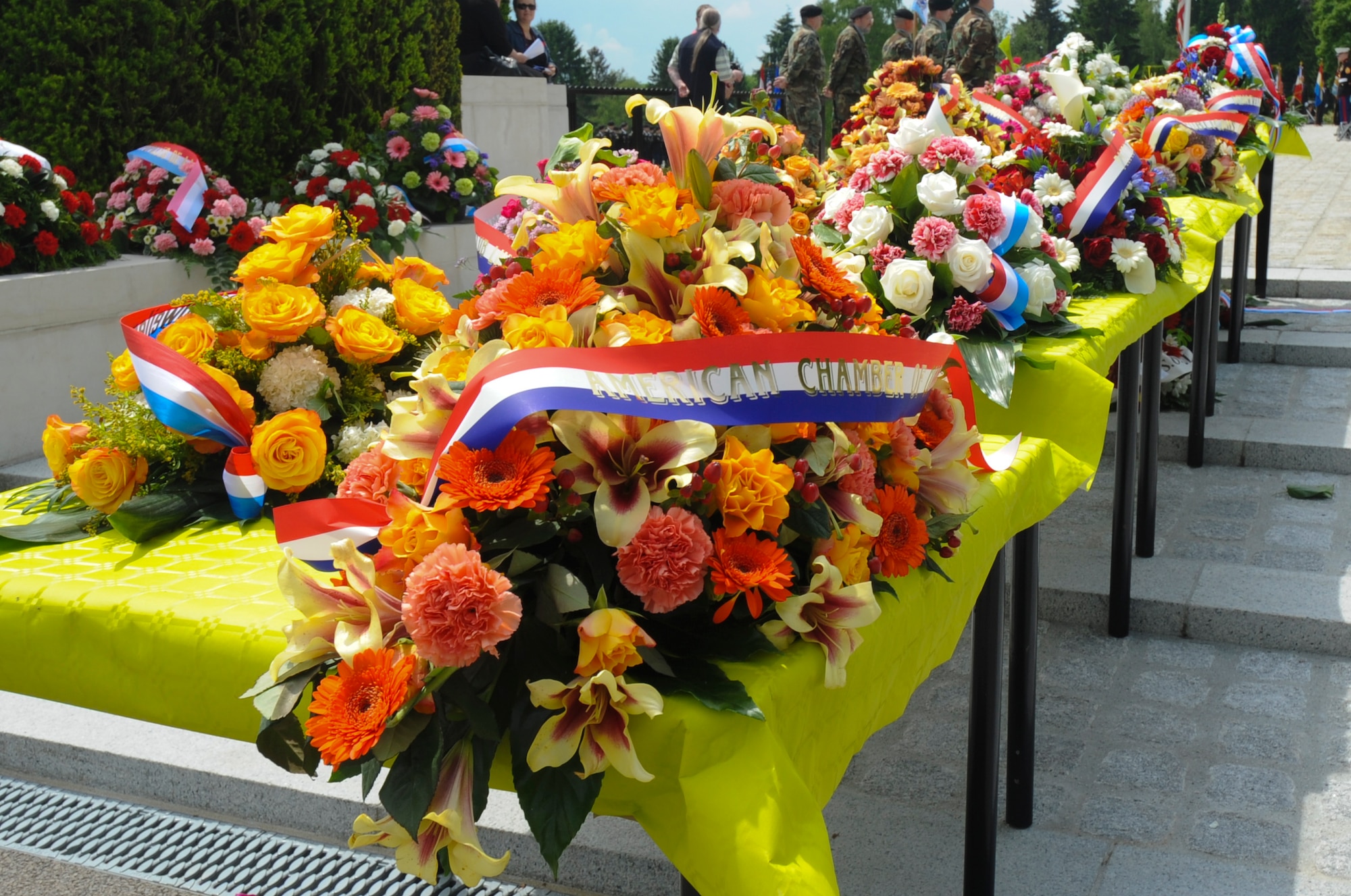 A collection of wreaths lay on a table before a Memorial Day ceremony at the Luxembourg American Cemetery and Memorial in Luxembourg, May 28, 2016. More than 200 Luxembourgers and Americans gathered at the cemetery to reflect on the sacrifices made by fallen U.S. service members. (U.S. Air Force photo by Staff Sgt. Joe W. McFadden/Released)  