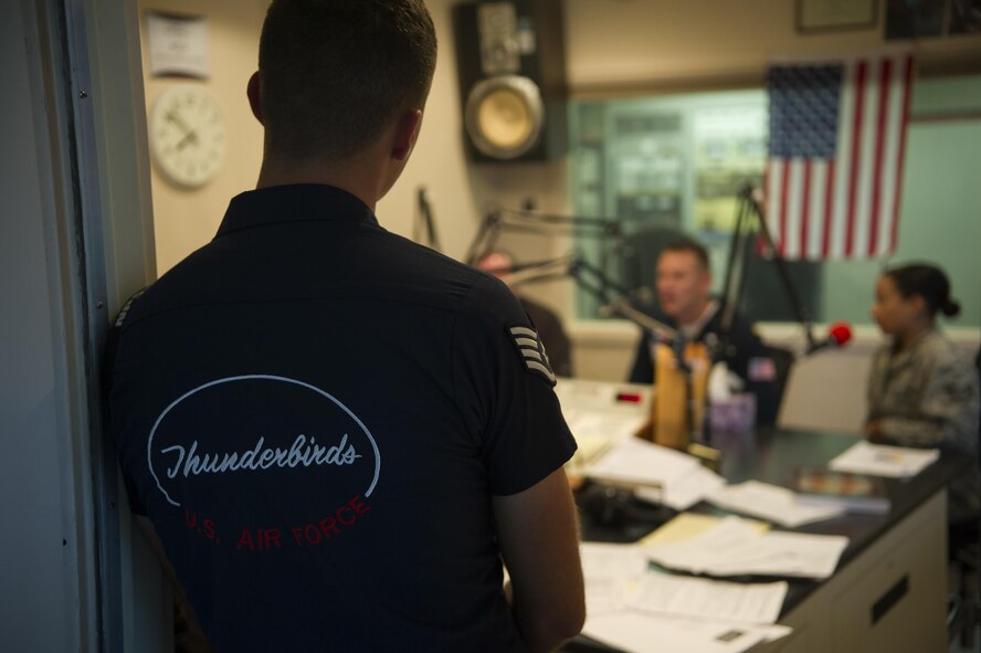 Members of the U.S. Air Force Thunderbirds visit KCLV for a radio interview May 27, 2016, at Clovis, N.M. The 2016 CAFB Air Show is an opportunity to celebrate the long-standing relationship between the 27th Special Operations Wing and the High Plains community. (U.S. Air Force photo/Airman 1st Class Kai White)