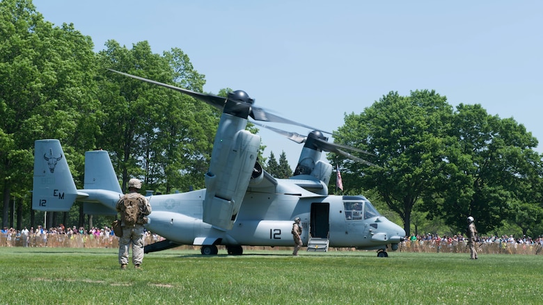 Marines land an MV-22 Osprey at Eisenhower Park during Military Day as part of Fleet Week in East Meadow, New York, May 28, 2016. The Marines and sailors are visiting to interact with the public, demonstrate capabilities and teach the people of New York about America’s sea services.