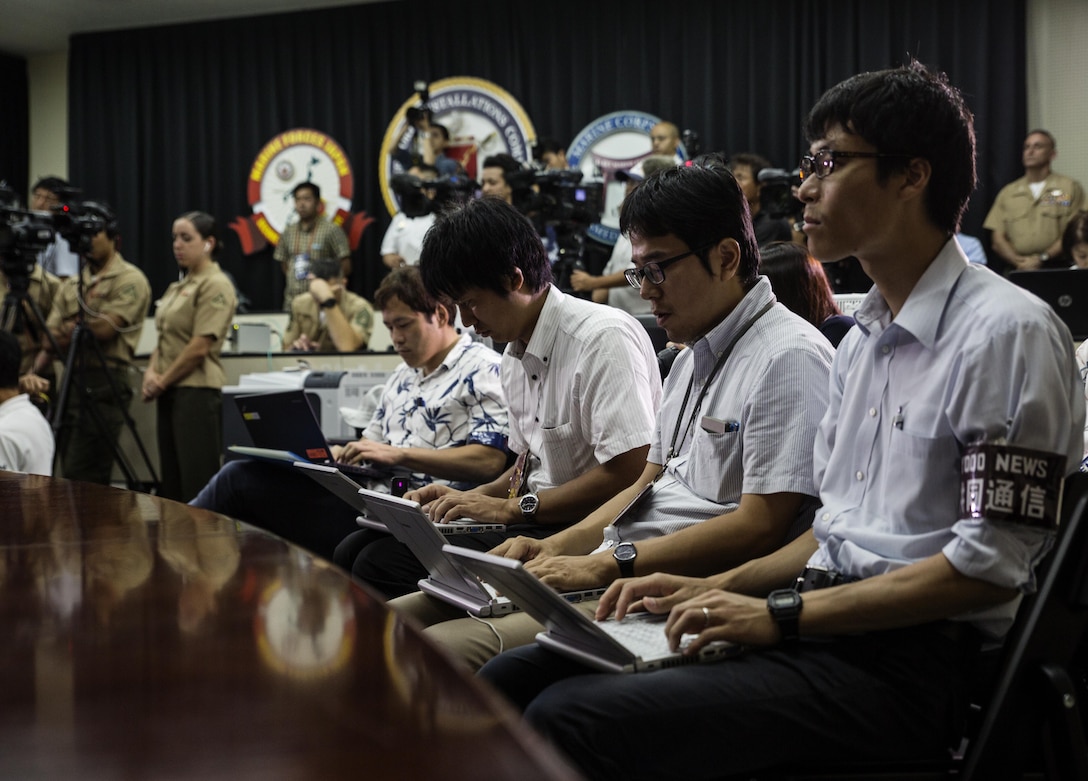 Lt. Gen. Lawrence D. Nicholson announces a 30-day period of unity and mourning for all U.S. military and Status of Forces Agreement personnel on Okinawa, at a press conference on Camp Foster, Okinawa, Japan, May 28, 2016. Out of respect for the people of Okinawa, Nicholson chose to demonstrate the solidarity of the U.S. service members here and the people of Okinawa by honoring the recent loss of an Okinawan female. The period of unity and mourning was directed to all U.S. military, and Nicholson also highly encouraged all SOFA-status members to partake, as this period will serve as a time to reflect on personal conduct, to consider their roles as ambassadors to Japan, and demonstrate the deepest sympathies for the victim and her family. Nicholson, from Toronto, Canada, is the Okinawa Area Coordinator and commanding general for III Marine Expeditionary Force. (U.S. Marine Corps photo by Lance Cpl. Jessica N. Etheridge/Released)