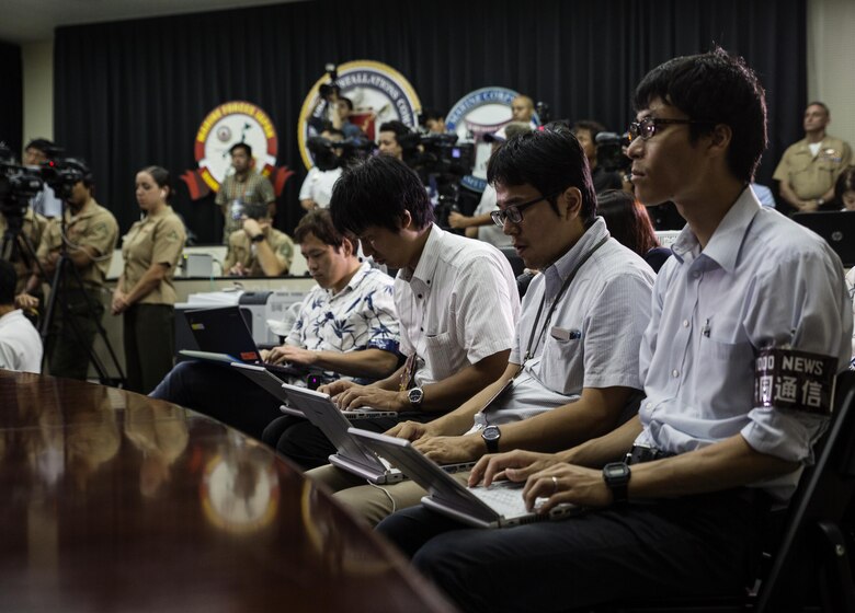 Lt. Gen. Lawrence D. Nicholson announces a 30-day period of unity and mourning for all U.S. military and Status of Forces Agreement personnel on Okinawa, at a press conference on Camp Foster, Okinawa, Japan, May 28, 2016. Out of respect for the people of Okinawa, Nicholson chose to demonstrate the solidarity of the U.S. service members here and the people of Okinawa by honoring the recent loss of an Okinawan female. The period of unity and mourning was directed to all U.S. military, and Nicholson also highly encouraged all SOFA-status members to partake, as this period will serve as a time to reflect on personal conduct, to consider their roles as ambassadors to Japan, and demonstrate the deepest sympathies for the victim and her family. Nicholson, from Toronto, Canada, is the Okinawa Area Coordinator and commanding general for III Marine Expeditionary Force. (U.S. Marine Corps photo by Lance Cpl. Jessica N. Etheridge/Released)