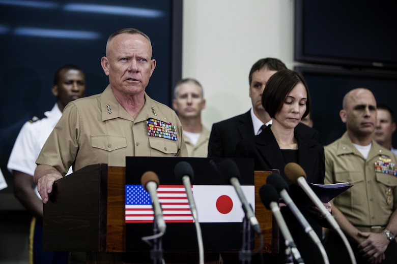 Lt. Gen. Lawrence D. Nicholson announces a 30-day period of unity and mourning for all U.S. military and Status of Forces Agreement personnel on Okinawa, at a press conference on Camp Foster, Okinawa, Japan, May 28, 2016. Out of respect for the people of Okinawa, Nicholson chose to demonstrate the solidarity of the U.S. service members here and the people of Okinawa by honoring the recent loss of an Okinawan female. The period of unity and mourning was directed to all U.S. military, and Nicholson also highly encouraged all SOFA-status members to partake, as this period will serve as a time to reflect on personal conduct, to consider their roles as ambassadors to Japan, and demonstrate the deepest sympathies for the victim and her family. Nicholson, from Toronto, Canada, is the Okinawa Area Coordinator and commanding general for III Marine Expeditionary Force. (U.S. Marine Corps photo by Lance Cpl. Jessica N. Etheridge/Released)