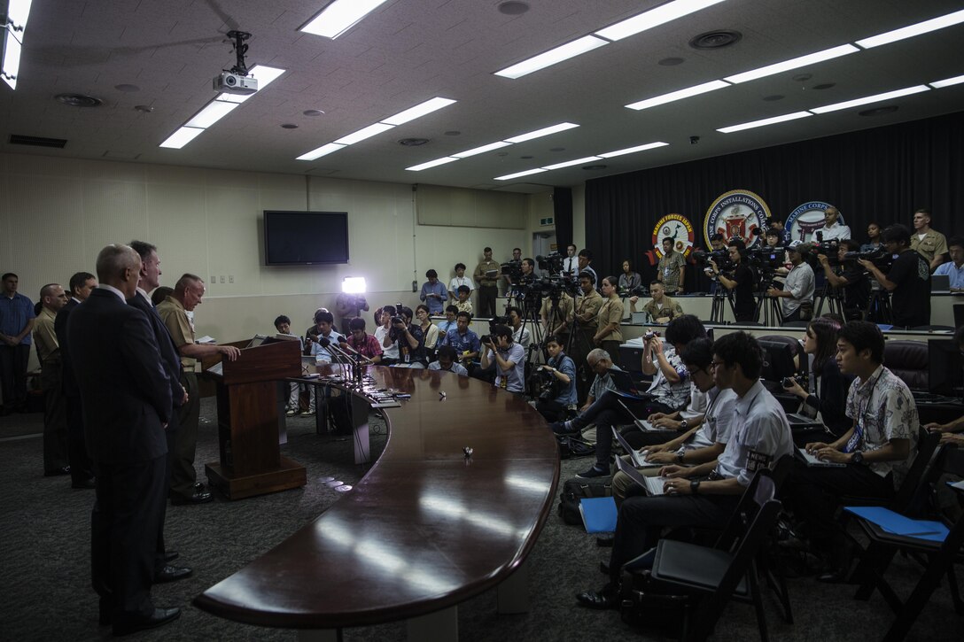 Lt. Gen. Lawrence D. Nicholson announces a 30-day period of unity and mourning for all U.S. military and Status of Forces Agreement personnel on Okinawa, at a press conference on Camp Foster, Okinawa, Japan, May 28, 2016. Out of respect for the people of Okinawa, Nicholson chose to demonstrate the solidarity of the U.S. service members here and the people of Okinawa by honoring the recent loss of an Okinawan female. The period of unity and mourning was directed to all U.S. military, and Nicholson also highly encouraged all SOFA-status members to partake, as this period will serve as a time to reflect on personal conduct, to consider their roles as ambassadors to Japan, and demonstrate the deepest sympathies for the victim and her family. Nicholson, from Toronto, Canada, is the Okinawa Area Coordinator and commanding general for III Marine Expeditionary Force. (U.S. Marine Corps photo by Lance Cpl. Jessica N. Etheridge/Released)
