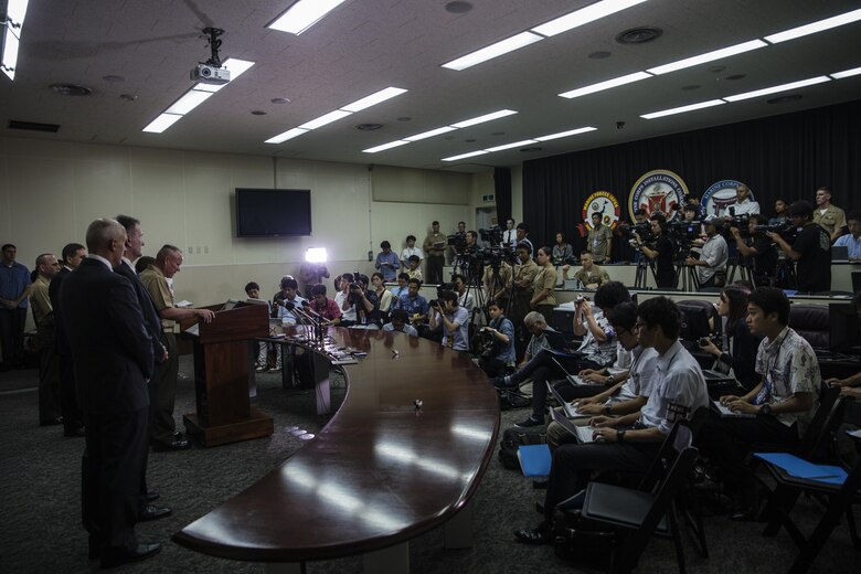 Lt. Gen. Lawrence D. Nicholson announces a 30-day period of unity and mourning for all U.S. military and Status of Forces Agreement personnel on Okinawa, at a press conference on Camp Foster, Okinawa, Japan, May 28, 2016. Out of respect for the people of Okinawa, Nicholson chose to demonstrate the solidarity of the U.S. service members here and the people of Okinawa by honoring the recent loss of an Okinawan female. The period of unity and mourning was directed to all U.S. military, and Nicholson also highly encouraged all SOFA-status members to partake, as this period will serve as a time to reflect on personal conduct, to consider their roles as ambassadors to Japan, and demonstrate the deepest sympathies for the victim and her family. Nicholson, from Toronto, Canada, is the Okinawa Area Coordinator and commanding general for III Marine Expeditionary Force. (U.S. Marine Corps photo by Lance Cpl. Jessica N. Etheridge/Released)