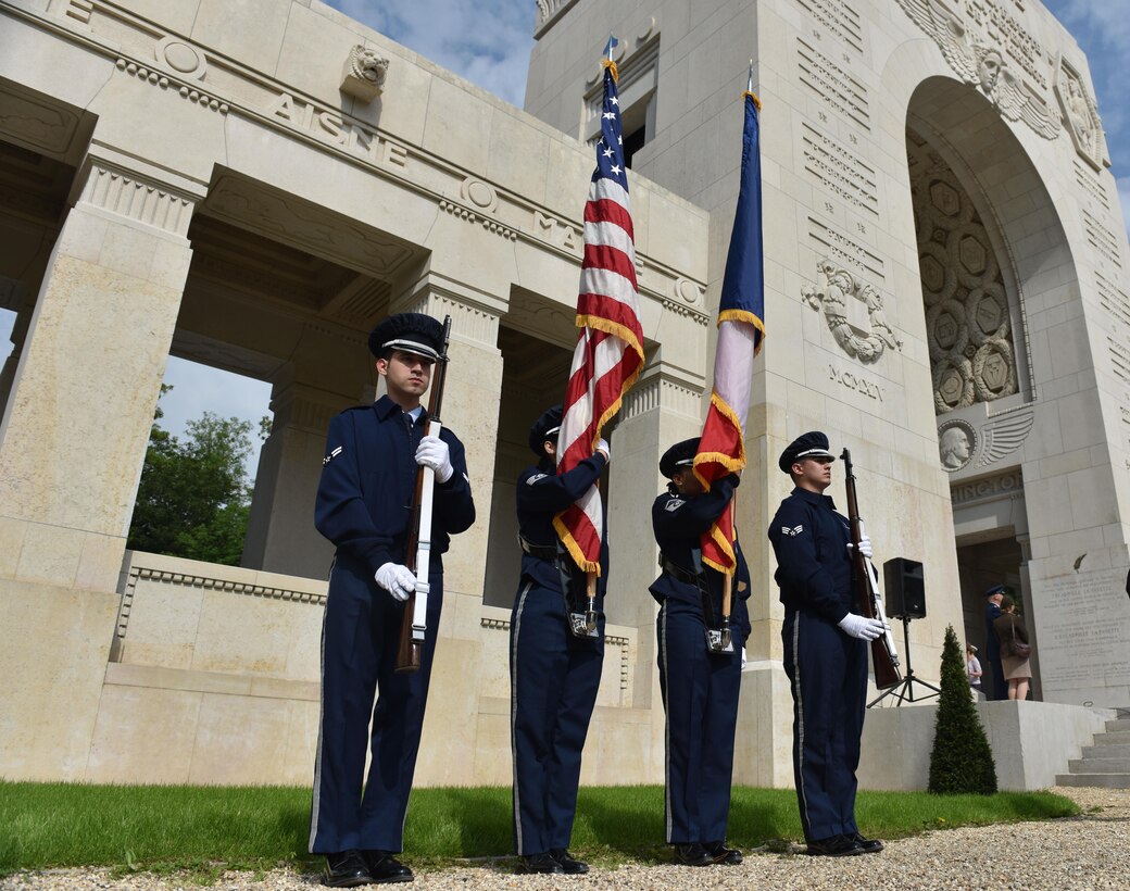 PARIS – An Honor Guard of U.S. Air Force Airmen from Ramstein Air Base, Germany, stand ready to commemorate Memorial Day in a ceremony at the Lafayette Escadrille Memorial, in Marnes-la-Coquette, France, May 28, 2016. During the ceremony, speakers honored the shared sacrifices of U.S. and French service members fighting for each other’s freedom and security in a relationship that began more than 240 years ago in the American Revolutionary War. (U.S. Air Force photo by Senior Master Sgt. Brian Bahret/Released) 