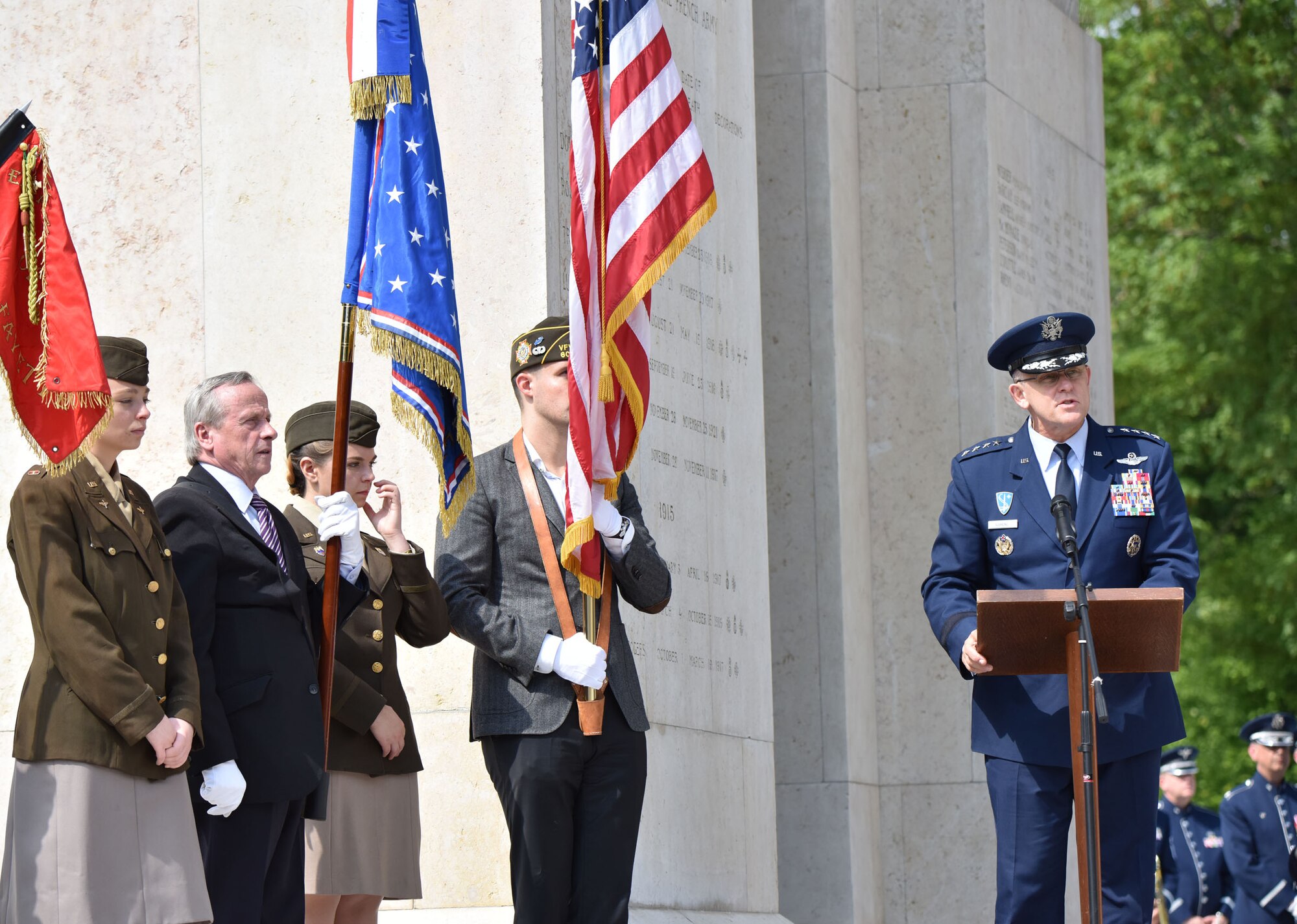 PARIS – U.S. Air Force Gen. Frank Gorenc, U.S. Air Forces in Europe-Air Forces Africa commander, deliveres a speech during a Memorial Day ceremony at the Lafayette Escadrille Memorial, in Marnes-la-Coquette, France, May 28, 2016. During the ceremony, French and American speakers honored the shared sacrifices of U.S. and French service members fighting for each other’s freedom and security in a relationship that began more than 240 years ago during the American Revolutionary War. (U.S. Air Force photo by Senior Master Sgt. Brian Bahret/Released) 