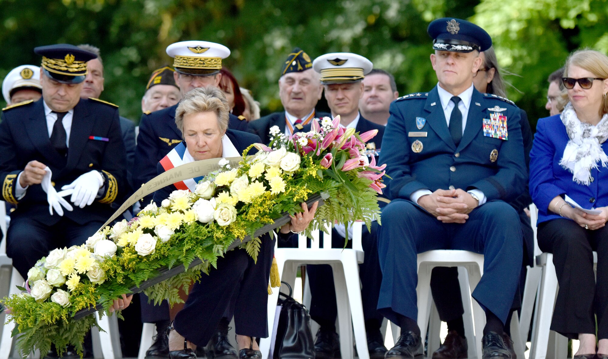 PARIS - U.S. Air Force Airmen from Ramstein Air Base, Germany, commemorate Memorial Day in a ceremony with their French counterparts at the Lafayette Escadrille Memorial, in Marnes-la-Coquette, France, May 28, 2016. (U.S. Air Force photo by Senior Master Sgt. Brian Bahret/Released)