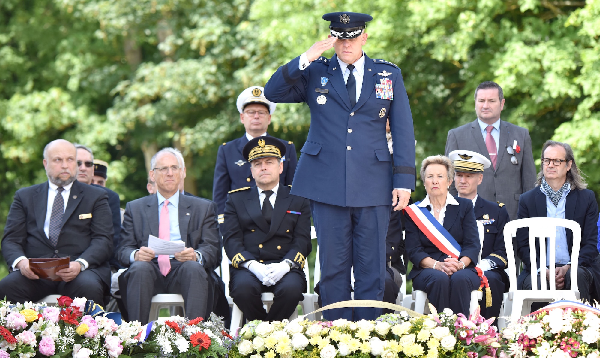 PARIS – U.S. Air Force Gen. Frank Gorenc, U.S. Air Forces in Europe-Air Forces Africa commander, salutes after laying a wreath during a Memorial Day ceremony at the Lafayette Escadrille Memorial, in Marnes-la-Coquette, France, May 28, 2016. During the ceremony, French and American speakers honored the shared sacrifices of U.S. and French service members fighting for each other’s freedom and security in a relationship that began more than 240 years ago during the American Revolutionary War. (U.S. Air Force photo by Senior Master Sgt. Brian Bahret/Released) 