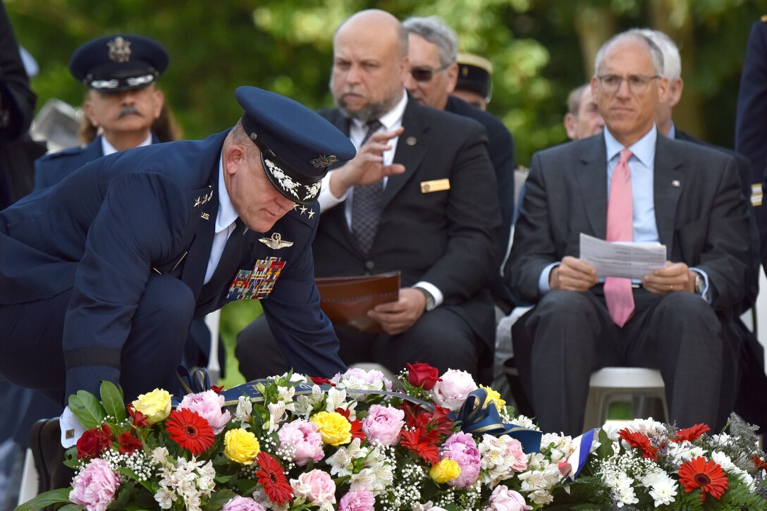 Air Force Gen. Frank Gorenc, commander of U.S. Air Forces in Europe and Air Forces Africa, lays a wreath during a ceremony for Memorial Day at the Lafayette Escadrille Memorial in Marnes-la-Coquette, France, May 28, 2016. The ceremony commemorated the shared sacrifices of French and American forces, recognizing the relationship the two countries have maintained for more than 240 years. Air Force photo by Senior Master Sgt. Brian Bahret