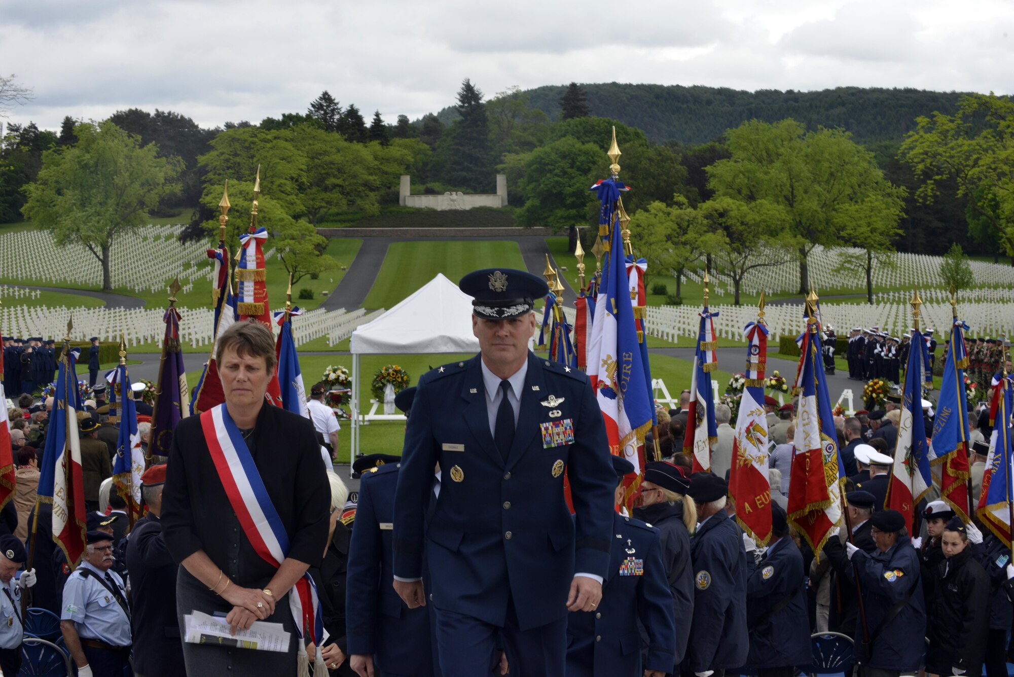 Brig. Gen. Jon Thomas, 86th Airlift Wing commander, departs Lorraine American Cemetery and Memorial, in St. Avold, France after a Memorial Day ceremony May 29, 2016. Memorial Day commemorates fallen servicemembers. (U.S. Air Force photo/Staff Sgt. Sharida Jackson)