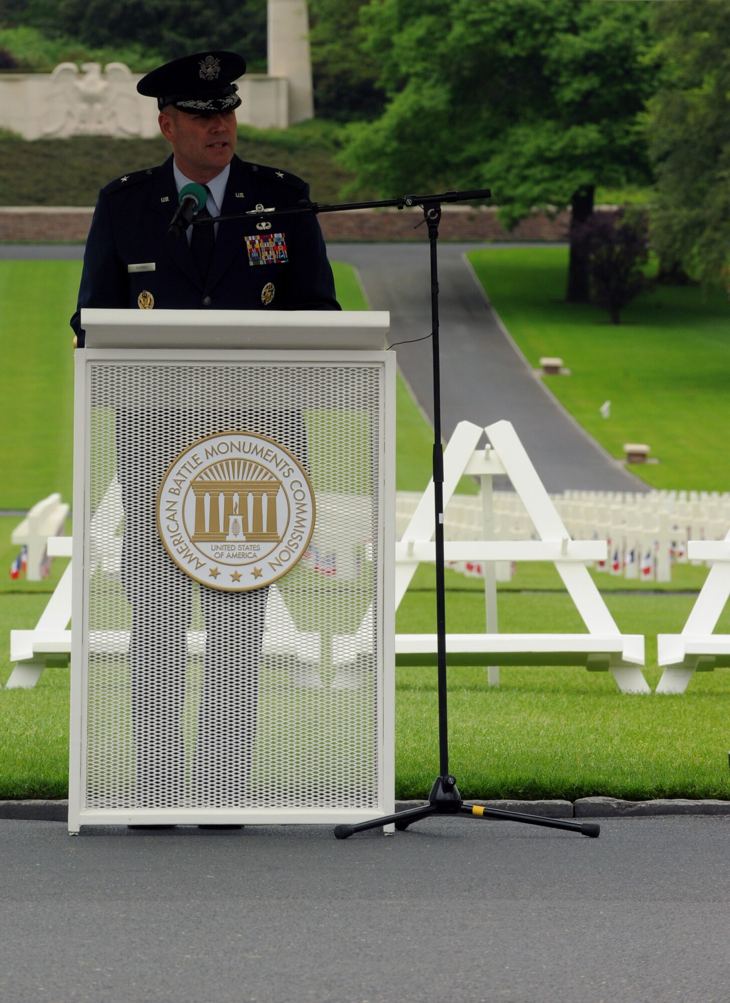Brig. Gen. Jon Thomas, 86th Airlift Wing commander, delivers a speech during a Memorial Day ceremony May 29, 2016, at Lorraine American Cemetery and Memorial, in St. Avold, France. Memorial Day commemorates fallen servicemembers. (U.S. Air Force photo/Staff Sgt. Sharida Jackson)