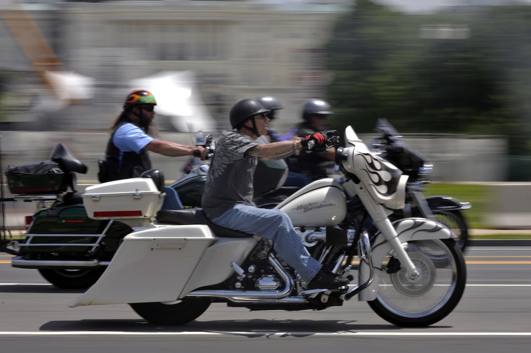 Bikers participate in Rolling Thunder in Washington, D.C., May 29, 2016. The annual demonstration, held the day before Memorial Day, draws veterans of all eras and others seeking to pay respects to those who have served. Air National Guard photo by Staff Sgt. Christopher S. Muncy