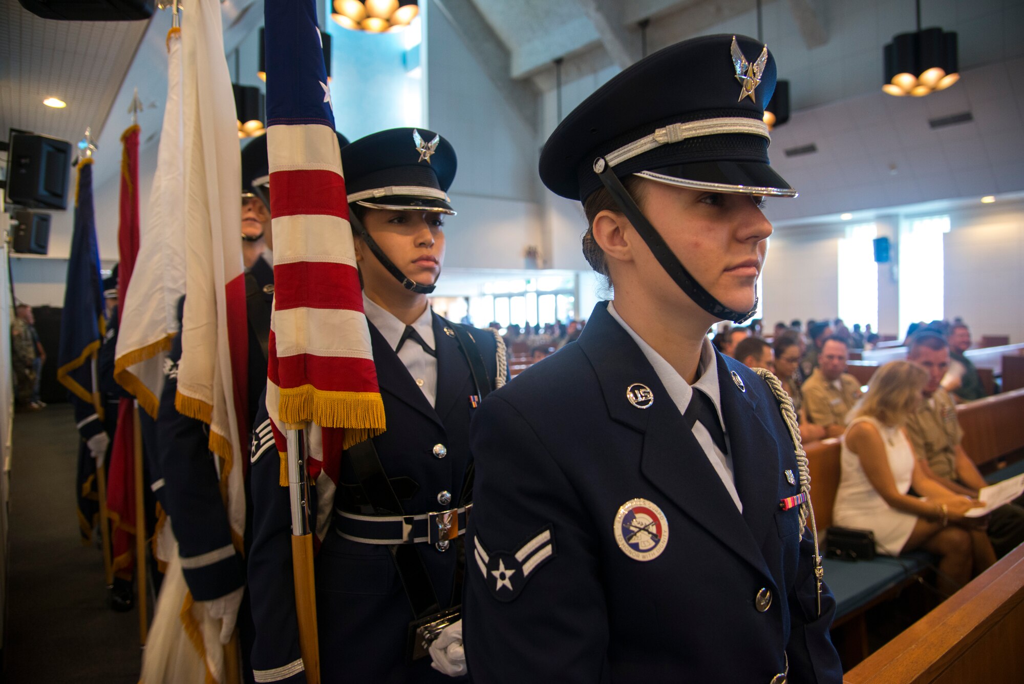 U.S. Air Force Kadena Air Base honor guardsmen prepare to present the flags for the Memorial Day ceremony at Chapel 1 May 30, 2016 Kadena Air Base, Japan. Memorial Day, a holiday designated to honor fallen service members, was first established as Decoration Day following the American Civil War but was officially declared a national holiday under its current moniker beginning in 1966 under President Lyndon Johnson. (U.S. Air Force photo by Staff Sgt. Maeson L. Elleman)