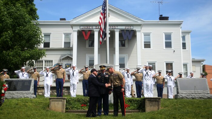 Maj. Gen. Brian Beaudreault, front right, commanding general, 2nd Marine Division, shakes hands with leaders of the Veterans of Foreign Wars detachment in the Village of Hastings-on-Hudson, after a wreath-laying ceremony meant to honor fallen veterans, May 29, 2016. This year is the 28th year New York has hosted Fleet Week. U.S. Marines and sailors are in New York to interact with the public, demonstrate capabilities and teach the people of New York about America’s sea service.