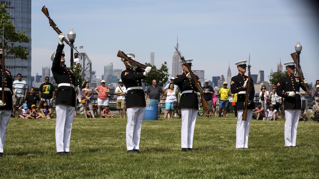 Members of the Marine Corps Silent Drill Platoon perform at Liberty State Park, New Jersey, May 29, 2016. U.S. Marines and sailors are in New Jersey to interact with the public, demonstrate capabilities, and teach the people of New Jersey about America's sea services.