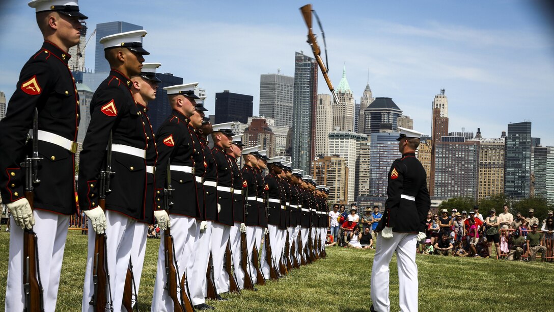 Members of the Marine Corps Silent Drill Platoon perform at Liberty State Park, New Jersey, May 29, 2016. U.S. Marines and sailors are in New Jersey to interact with the public, demonstrate capabilities, and teach the people of New Jersey about America's sea services.