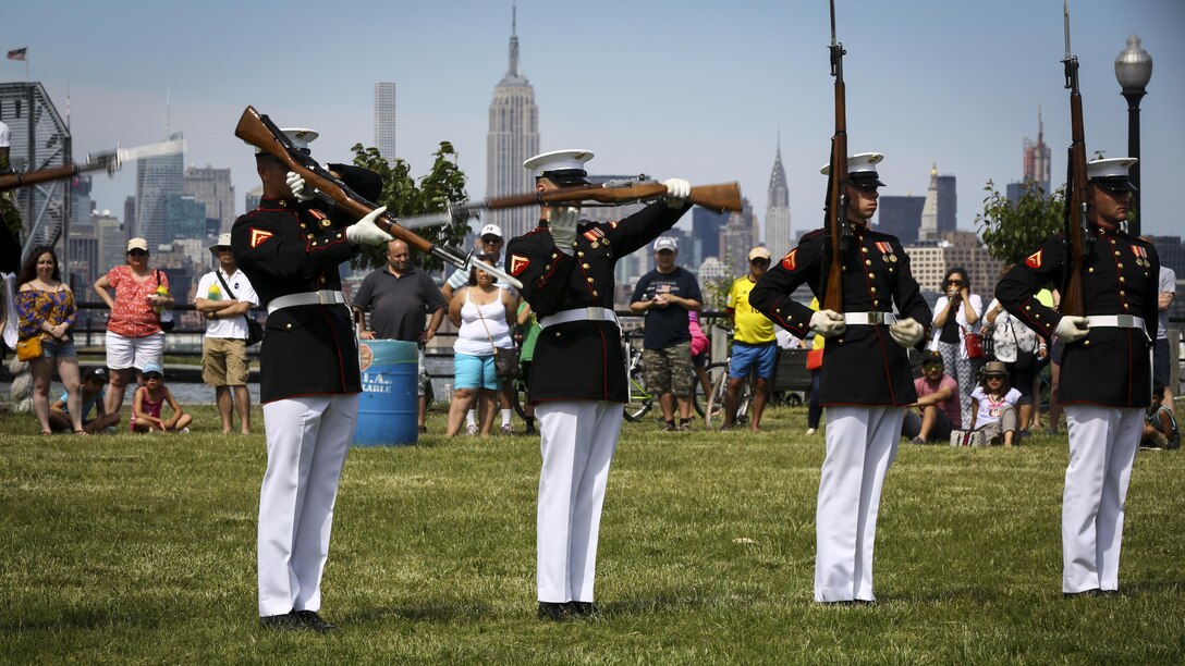 Members of the Marine Corps Silent Drill Platoon perform at Liberty State Park, New Jersey, May 29, 2016. U.S. Marines and sailors are in New Jersey to interact with the public, demonstrate capabilities, and teach the people of New Jersey about America's sea services.