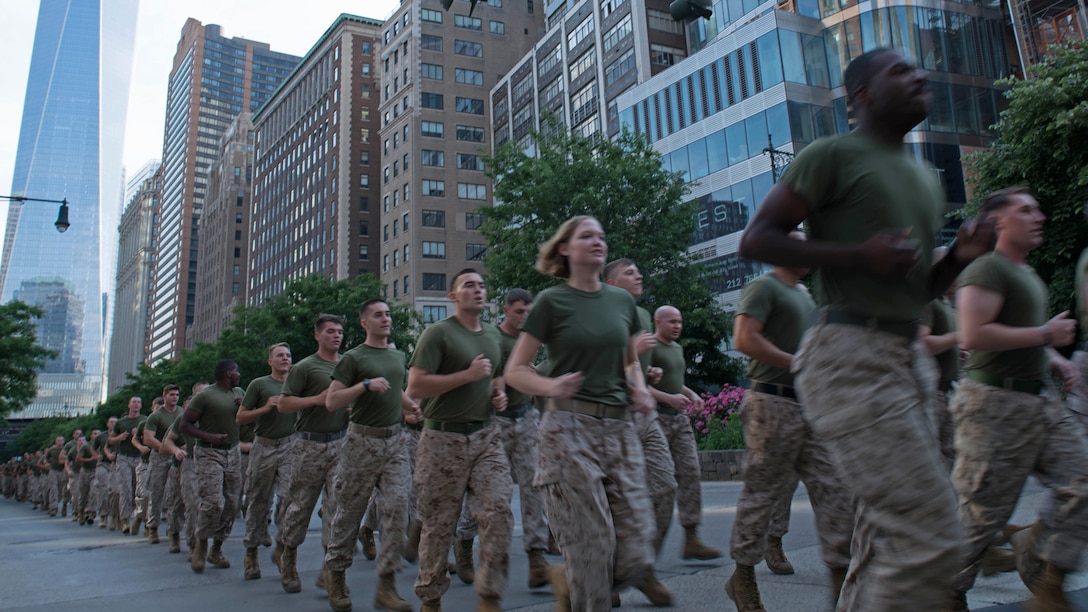 Marines with the 24th Marine Expeditionary Unit run through the city streets during the Freedom Run as part of Fleet Week in New York, May 29, 2016. Service members from the U.S. Marine Corps, U.S. Navy and Canadian Navy ran from the North Cove Marina to the 9/11 Memorial to honor the fallen.