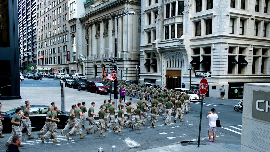 Marines with the 24th Marine Expeditionary Unit run through the city streets during the Freedom Run as part of Fleet Week in New York, May 29, 2016. Service members from the U.S. Marine Corps, U.S. Navy and Canadian Navy ran from the North Cove Marina to the 9/11 Memorial to honor the fallen.