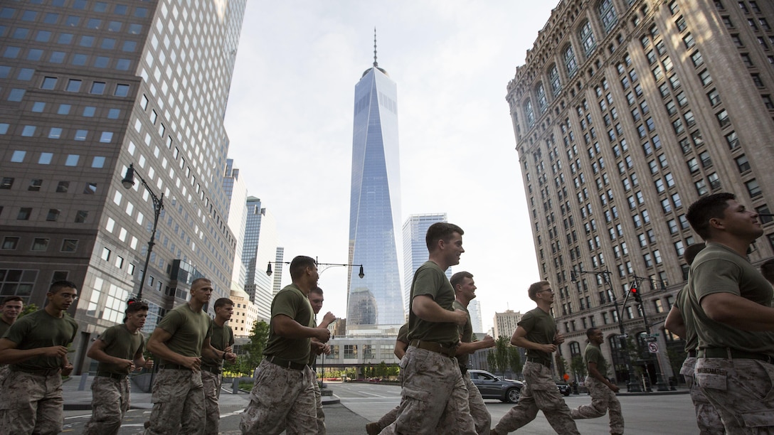 Marines with the 24th Marine Expeditionary Unit run through the city streets during the Freedom Run as part of Fleet Week in New York, May 29, 2016. Service members from U.S. Marine Corps, U.S. Navy and Candadian Navy ran from the North Cove Marina to the 9/11 Memorial to honor the fallen.