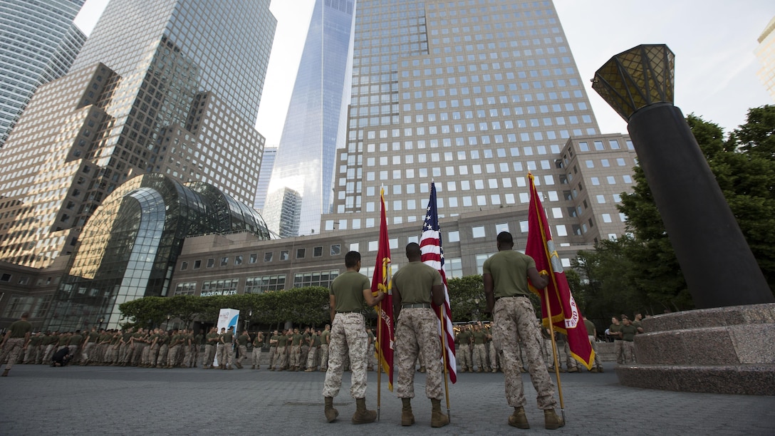 Marines with the 24th Marine Expeditionary Unit stage at the North Cove Marina before starting the Freedom Run as part of Fleet Week in New York, May 29, 2016. Service members from U.S. Marine Corps, U.S. Navy and Candadian Navy ran from the marina to the 9/11 Memorial to honor the fallen. 