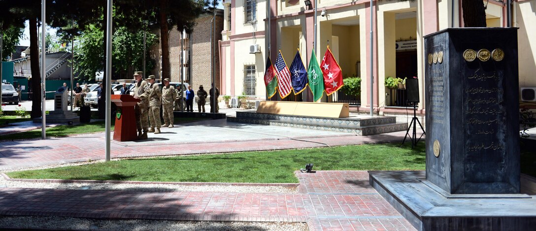 Army Gen. John W. Nicholson, Jr., commander of U.S. and NATO forces in Afghanistan, addresses a multinational military and civilian audience during the Memorial Day remembrance ceremony in Kabul, Afghanistan, May 28, 2016. Army photo