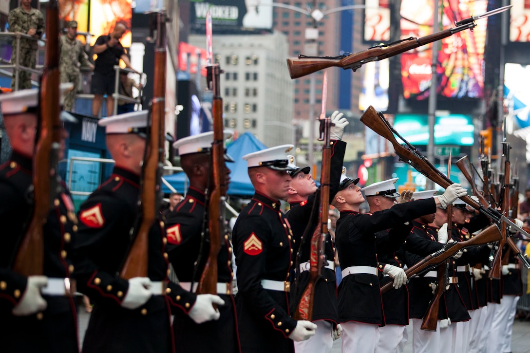 The Marine Corps Silent Drill Platoon performs in Times Square during Fleet Week New York in New York City, May 28, 2016. Marine Corps photo by Cpl. Todd F. Michalek