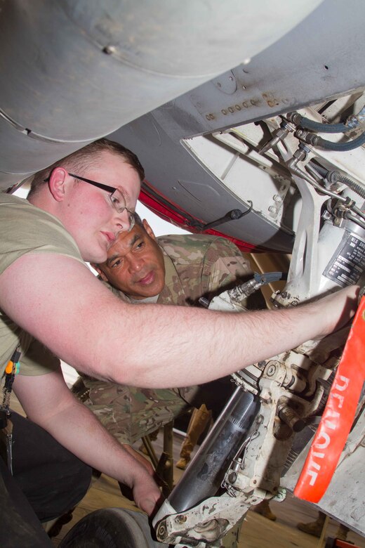 Airman 1st Class Jacob Bagley, an aircraft maintainer with the 407th Air Expeditionary Group, shows the mechanics of landing gear to Lt. Gen. Michael X. Garrett, the commanding general of U.S. Army Central, at Muwaffaq Salti Air Base, Jordan, April 22, 2016. The USARCENT command team met with leaders of partner militaries throughout USARCENT’s area of responsibility to continue to build bilateral partnership ties.