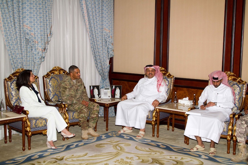 Lt. Gen. Michael X. Garrett (center left), the commanding general of U.S. Army Central, discusses bilateral ties and partnership capabilities with Khalib Al-Attiyah, the minister of state and foreign defense affairs for Qatari the Qatari military headquarters in Doha, Qatar, April 25. The USARCENT command team met with leaders of partner militaries throughout USARCENT’s area of responsibility to continue to build bilateral partnership ties.