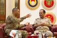 Lt. Gen. Michael X. Garrett, the commanding general of U.S. Army Central, discusses ways to strengthen partnership capabilities with Bahraini Maj. Gen. Abdulla Al Nuaimi, the general inspector for the Bahraini Defense Forces at the their Headquarters in Manama, Bahrain, April 28, 2016. The USARCENT command team met with leaders of partner militaries throughout USARCENT’s area of responsibility to continue to build bilateral partnership ties.
