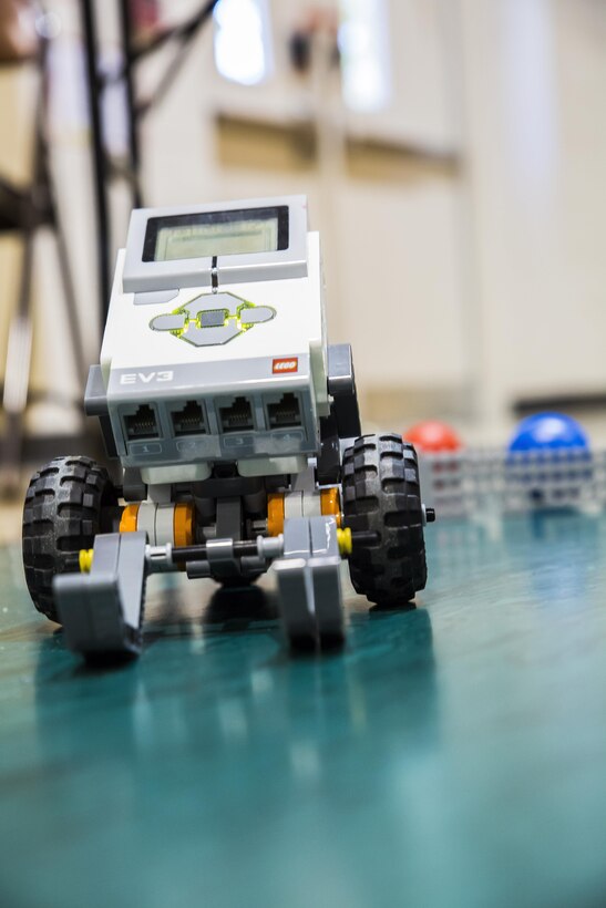A robot built by students sits on display at Charles F. Bolden Elementary-Middle School May 6. Bolden and Robert E. Galer Elementary School on Laurel Bay held their 2016 STEMposium. STEMposium is the culmination of the science, technology, engineering, and mathematics, or STEM, curriculum. The STEM program is designed to give students a basic understanding of the core subjects and encourage the pursuit of careers in those fields.