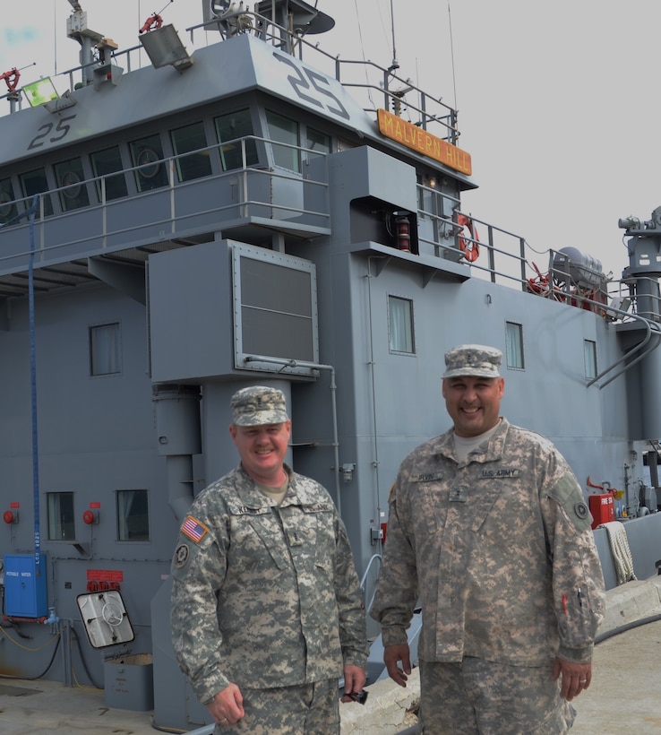 Warrant Officer 3 Matthew Kenney, U.S. Army Vessel Malvern Hill (LCU 2025) pilot, and Warrant Officer 2 Karl Irvin, USAV Malvern Hill chief engineer, get underway during the Operation Terminal Fury exercise May 20, at Port Hueneme. The Operation Terminal Fury exercise tests the abilities of transportation companies with vessel assets to respond quickly to emergencies in their area of responsibility.