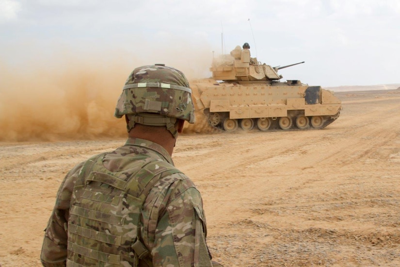 Lt. Gen. Michael X. Garrett, U.S. Army Central commanding general, watches a Bradley Fighting Vehicle maneuver on an objective during a combined arms live fire exercise at the Joint Training Center, Jordan, May 24, 2016. Eager Lion is an annual two-week interoperability exercise that aims to increase the partnership ties between the U.S. and Jordanian militaries.