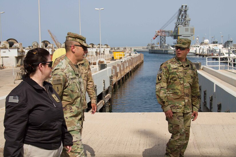 The Honorable Katherine Hammack, the assistant secretary of the Army for installations, energy and environment, Brig. General John S. Laskodi, with the Department of the Army Headquarters logistics office, are taken on a tour by Lt. Col. Alexander Bullock, the 82nd Engineer Battalion commander, at Kuwait Naval Base, Kuwait, May, 24, 2016.