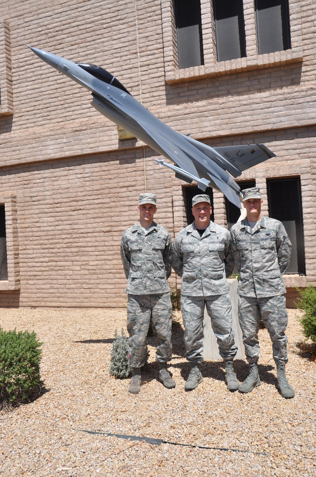 With a combined service of over 35 years Master Sgt. Darin Andsager, 944th Medical Squadron First Sergeant and his two sons Senior Airmen Nicholas Andsager, 944th Logistics Readiness Squadron Material Management Helper and Alec Andsager, 944th Force Support Squadron Food Specialist are honored, as a family, to serve the nation.