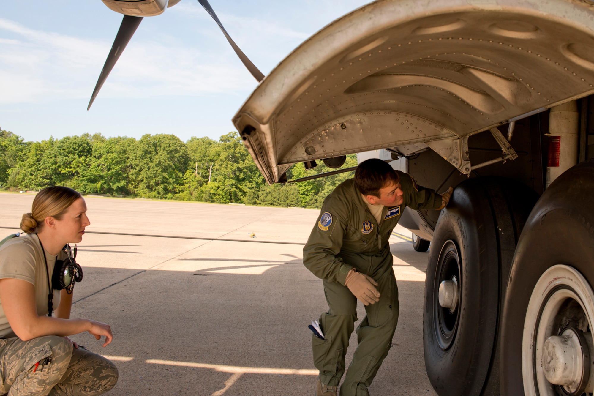U.S. Air Force Reserve Tech. Sgt. Nick Crawford, loadmaster, 327th Airlift Squadron, and Senior Airmen Jennifer Franke, crew chief, 913th Maintenance Squadron, conduct a preflight inspection of a C-130J at Little Rock Air Force Base, Ark., May 13, 2016. Airmen from the 913th Airlift Group participated in a Turkey Shoot competition between six aircrews from five units at Little Rock AFB. (U.S. Air Force photo by Master Sgt. Jeff Walston/Released)
