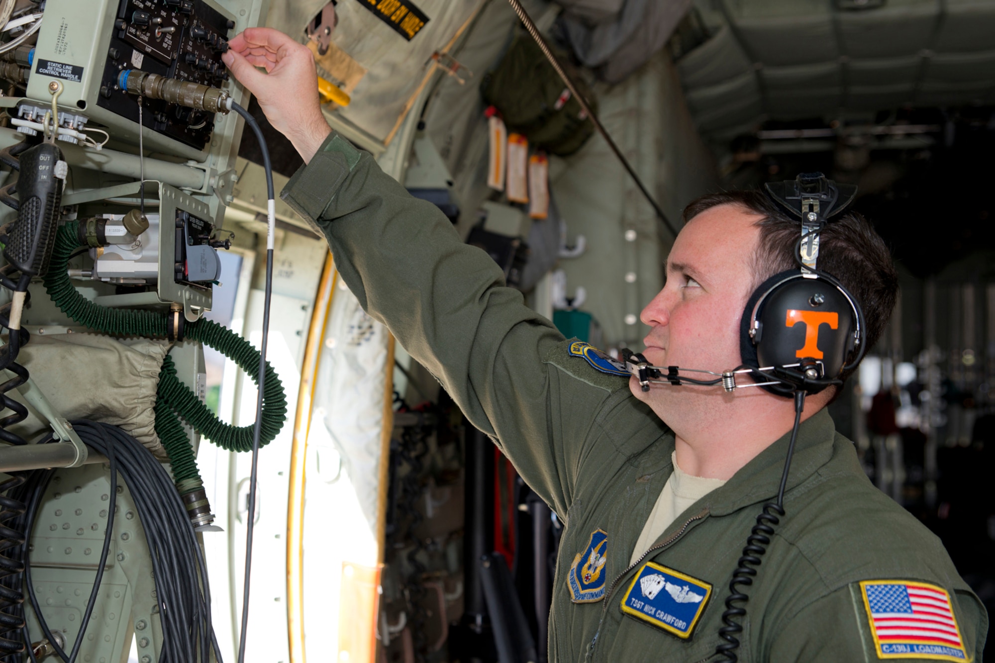 U.S. Air Force Reserve Tech. Sgt. Nick Crawford, loadmaster, 327th Airlift Squadron, checks the public address system during his preflight inspection of a C-130J at Little Rock Air Force Base, Ark., May 13, 2016. Crawford, was part of the first C-130J mission flown by an all Reserve aircrew from the 913th Airlift Group and 327 AS since the group’s transition from the “H” to the “J” model. (U.S. Air Force photo by Master Sgt. Jeff Walston/Released)