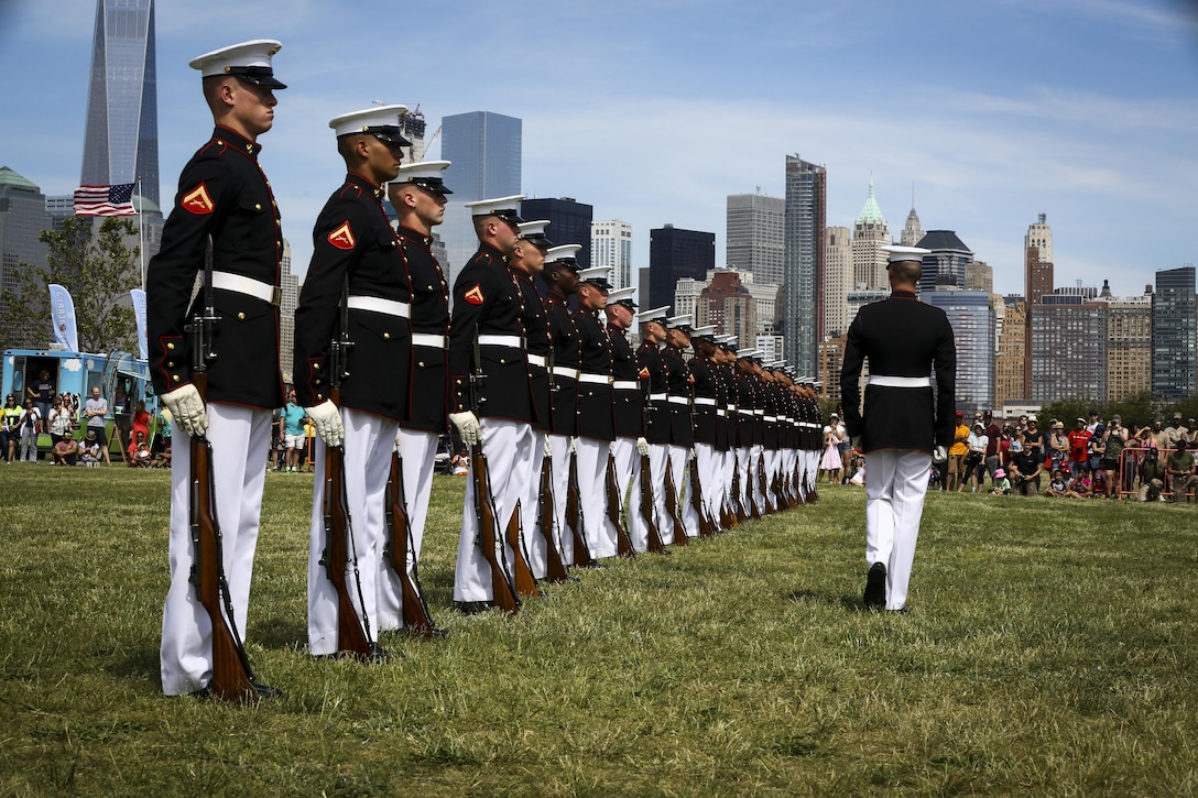 Members of the Marine Corps Silent Drill Platoon perform at Liberty State Park, New Jersey, May 29, 2016. U.S. Marines and sailors are in New Jersey to interact with the public, demonstrate capabilities, and teach the people of New Jersey about America's sea services. (U.S. Marine Corps photo by Lance Cpl. Samantha A. Barajas, 2D MARDIV Combat Camera/Released)